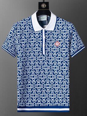 Casablanca Blue Stand Collar Geometric Print Polo Shirt